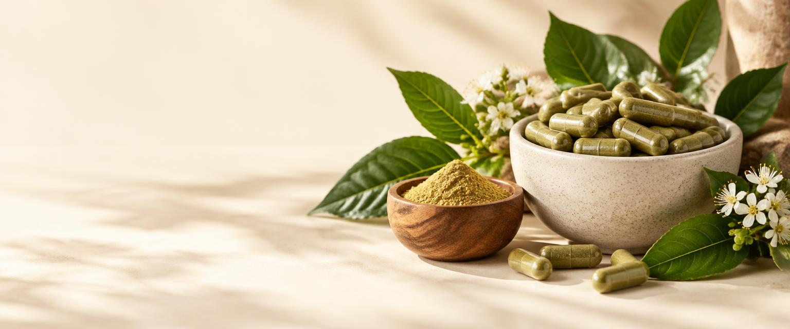 Cápsulas fitoterápicas, ervas e pó natural