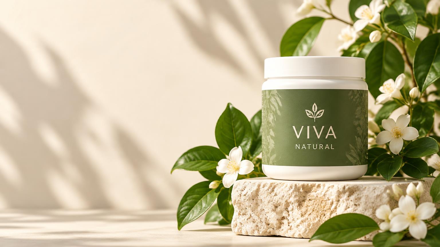 Suplemento natural Viva entre folhas e flores sobre pedestal de pedra